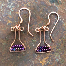 Handmade copper earrings: conical Erlenmyer flask of purple potion - £20.10 GBP