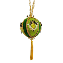 Vintage Green Bejeweled Pushpin Satin Christmas Ornament With Velvet Ribbon - £15.79 GBP