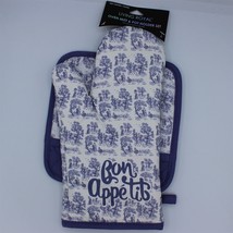 Living Royal Oven Mitt Pot Holder Set Bon Appetit Cotton Purple Floral - £10.83 GBP