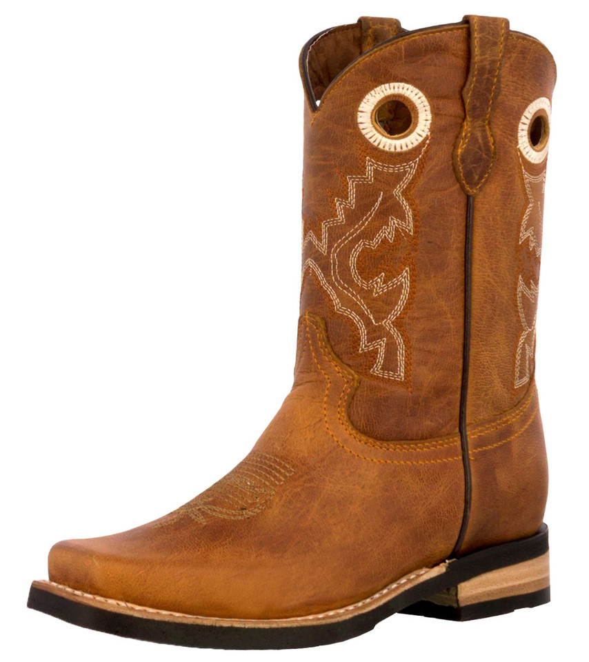 Kids Unisex Genuine Leather Cowboy Boot Honey Brown Rodeo Wear Square To... - $54.44