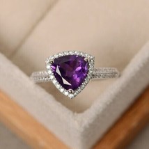 14k White Gold Plated 2.10 Ct Trillion Simulated Amethyst Engagement Halo Ring - £132.94 GBP