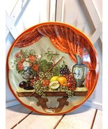 Daher England Vintage large metal tin round tray platter floral fruits 16&quot; - £11.67 GBP
