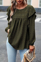 Blackish Green Lace Eyelet Ruffle Shoulder Long Sleeve Blouse - $27.99