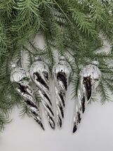 Set of 4 Silver Glass Icicle Ornaments 5.5” Vintage Style Snow Covered Look - $14.55