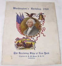 1920 George Washington&#39;s Birthday Menu Usn Receiving Ship New York Navy - £7.74 GBP