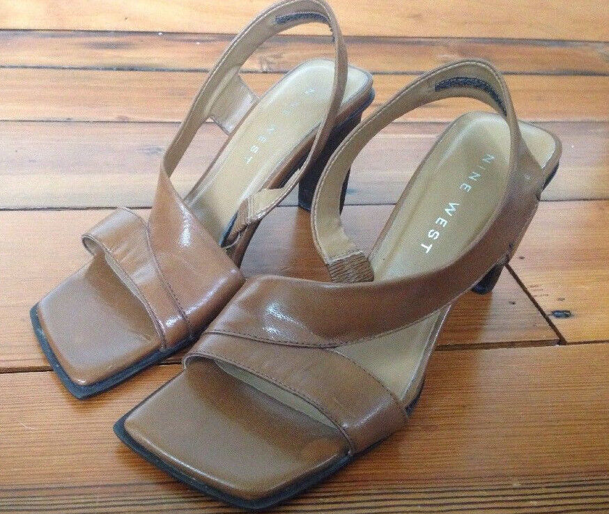 Nine West Brown Glove Leather Square Toe Modern Womens Chunky Heel Sanda... - $19.79