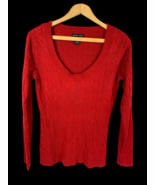 New York &amp; Company Sweater Red Thin Cable Knit V Neck Coastal Preppy Old... - $40.52 CAD