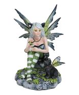 Feline Fairy In Green White Striped Leggings With Black Fae Winged Cat F... - $823.80 MXN