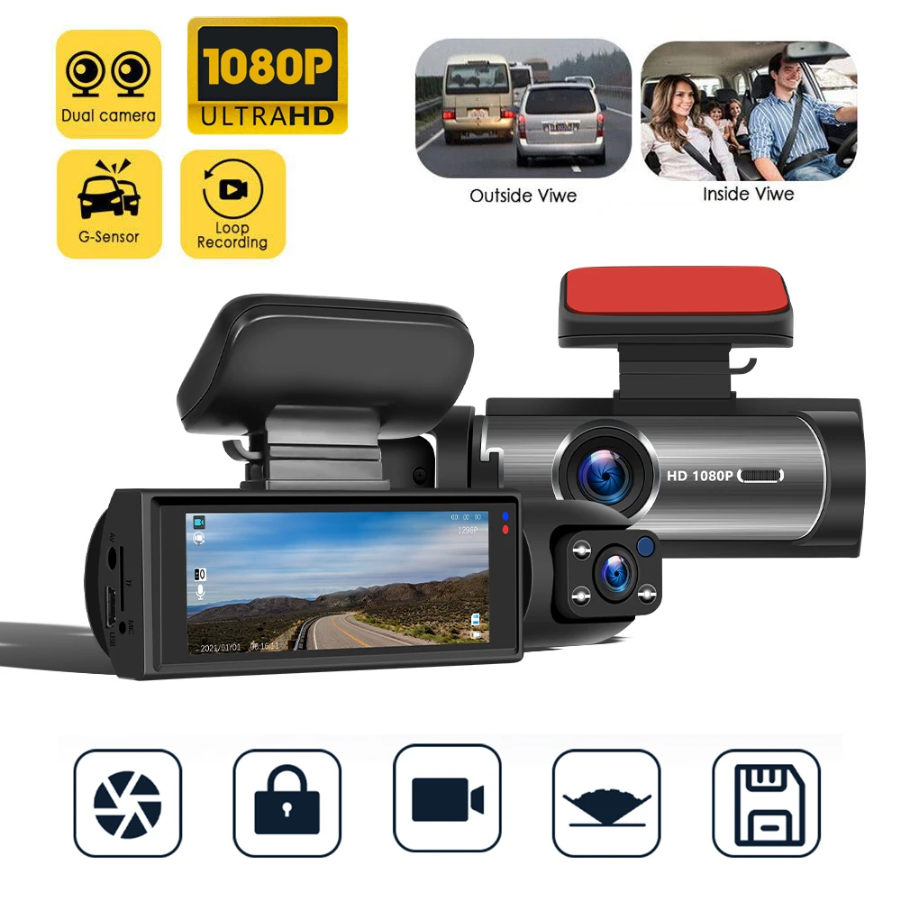 Amprime 1080p full hd dash cam 3 16 inch dual lens driving recorder front inside camera thumb200