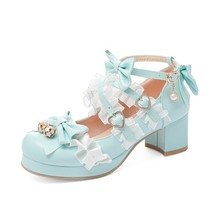 Girls Sweet Lolita Ruffles Bowknot Lace Bridal Wedding Shoes Women Mid Heel Bord - £57.32 GBP