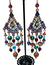 Vintage Arabian Nights Copper &amp; Turquoise Bead Dangle 4&quot; Pierced Earrings - £9.77 GBP