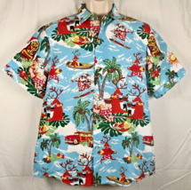 Surfing Santa &amp; Reindeer Hawaiian Aloha Camp Shirt Medium Tiki Luau Party - £11.01 GBP