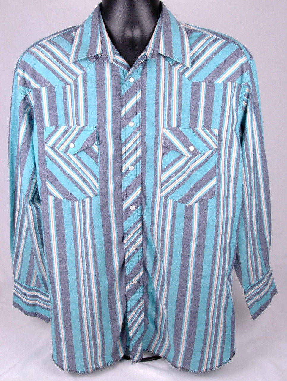 WRANGLER Western Shirt-16 1/2 - 34 -Pearl Snap Button Front-Blue Stripe-Rodeo - £18.82 GBP