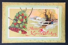 Antique Hearty Christmas Wishes Card Holly Berry Bell Bridge Landscape Pre 1920 - £44.86 GBP