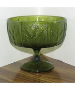 GLASS PEDESTAL BOWL green w/leaf raised design 5.5&quot; tall  (frnt htch) - £5.41 GBP