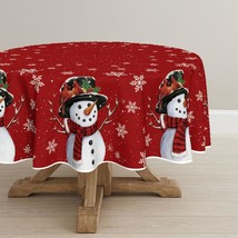 Christmas Tablecloth 70 70 Inch Round Snowman Red Washable Table Cover for Party - £40.73 GBP