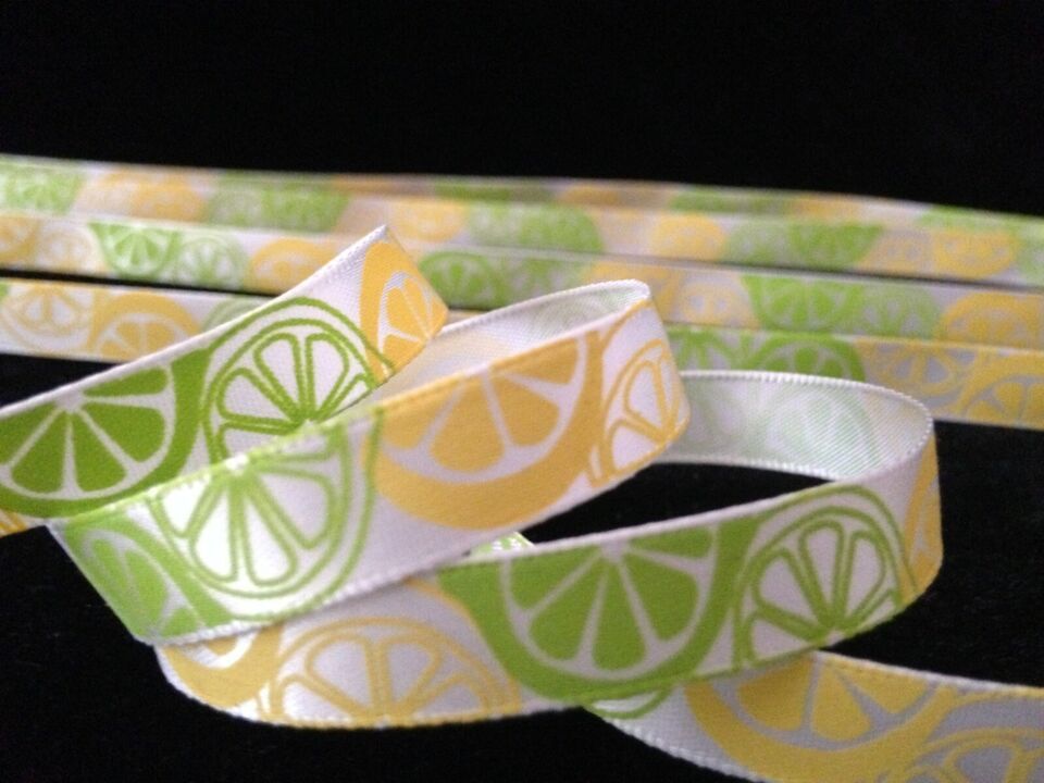 3/8&quot; inch Lemon Lime pattern satin RIBBON 1 yd  green yellow citrus frui... - $2.46