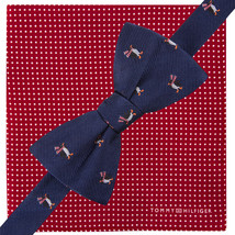 Tommy Hilfiger Navy Blue Penguin Self Bow Tie Red Pin Dot Pocket Square Silk Set - £19.57 GBP