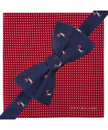 TOMMY HILFIGER Navy Blue Penguin Self Bow Tie Red Pin Dot Pocket Square ... - £19.65 GBP