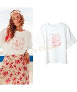 Women&#39;s White Cotton T-Shirt Loose Fit Graphic Print, Rolled-Up Short Sl... - $24.99
