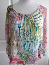 Chico&#39;s Ladies Ss Sheer Flowy Colorful Pull Over Abstract Top Tunic Blouse S - £19.21 GBP