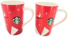 Christmas Holiday Starbucks Coffee Mug Red White Partridge Green Logo One Pair - £23.55 GBP