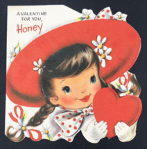 VTG 1950s Hallmark Girl in Red Wide Brim Hat Valentine Greeting Card USA - £7.56 GBP