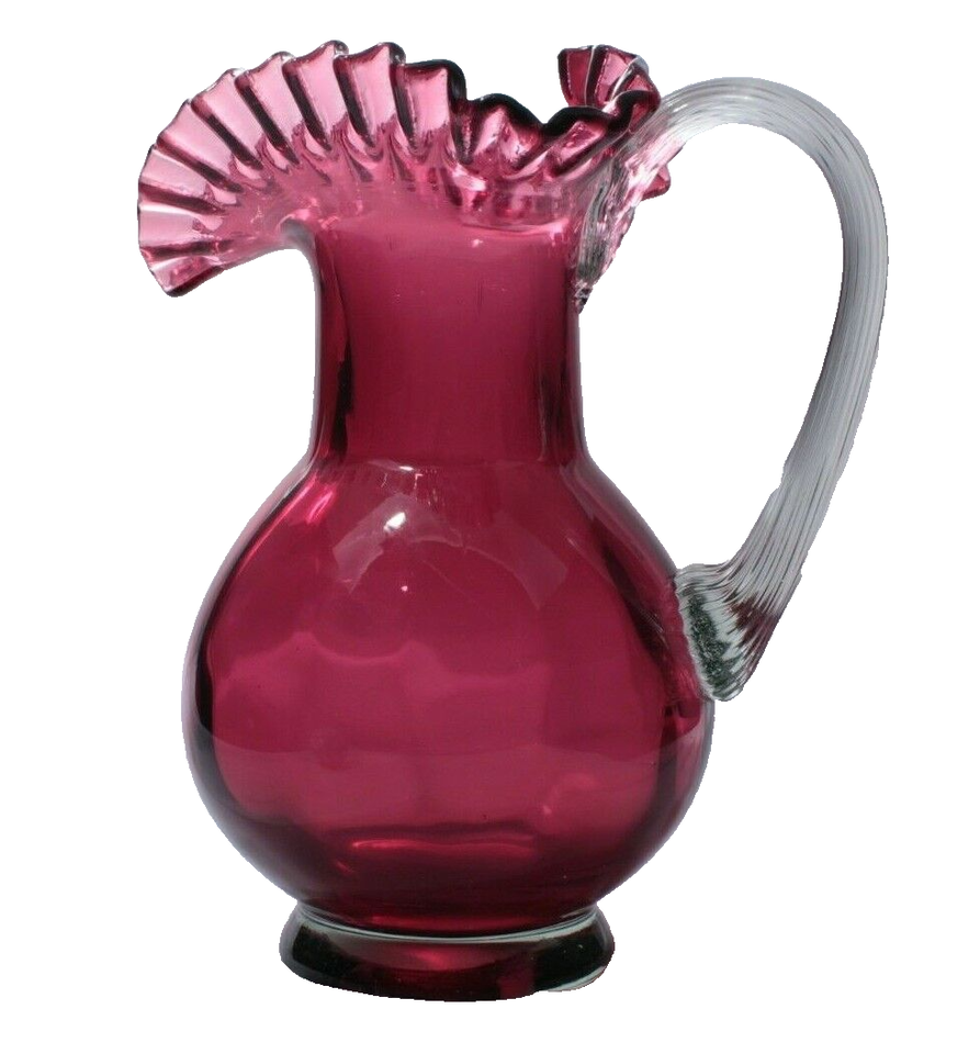 Fenton Cranberry Glass Pitcher Ruffled Lip Applied Clear Handle Pristine - £51.96 GBP