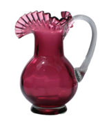 Fenton Cranberry Glass Pitcher Ruffled Lip Applied Clear Handle Pristine - £50.96 GBP