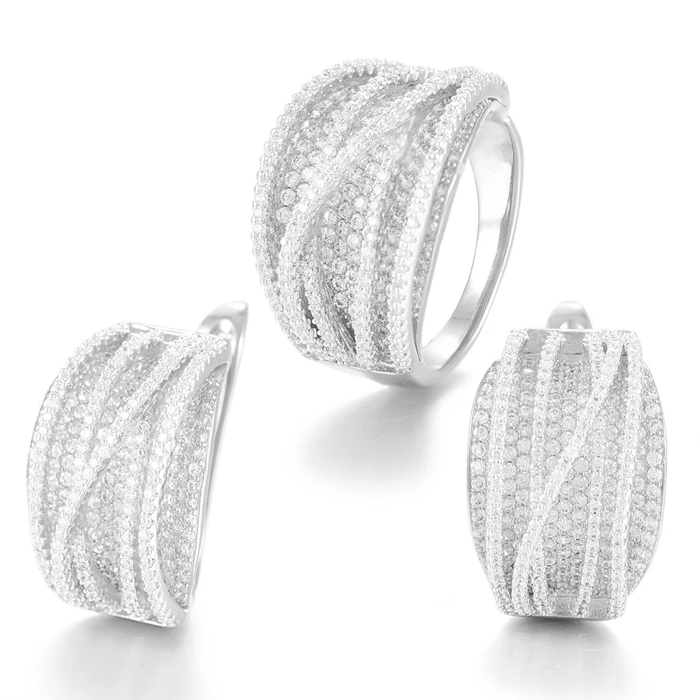 Korea Trendy 2pcs/Set Earring Ring Set Jewelry Set For Women Wedding Cubic Zirco - £45.09 GBP