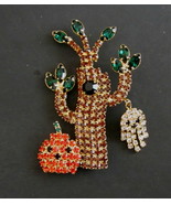 HALLOWEEN PIN BROOCH SWINGING GHOST AND PUMPKIN BRIGHT RHINESTONES PRONG... - $50.65 CAD