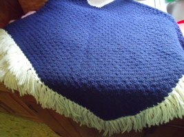 Poncho Crocheted in Navy Blue with White Trim and Fringe - $35.00