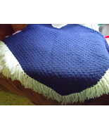Poncho Crocheted in Navy Blue with White Trim and Fringe - £27.52 GBP