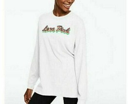 Victoria&#39;s Secret Love Pink Long Sleeve Campus Crew Top White Rainbow Bling L - £16.38 GBP