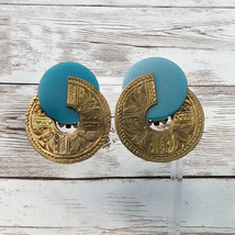 Vintage Clip On Earrings Statement Brass? &amp; Turquoise Tone - $16.99