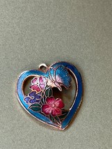 Aqua Blue Enamel Heart w Purple Pink Flowers Cloisonné Goldtone Pendant or Charm - $11.83