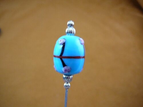(U-283-13) teal blue glass pink rose striped silver beads hatpin Pin hat... - $10.39