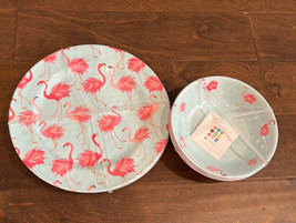 Novogratz Flamingo 4 Dinner Plates &amp; 4 Bowls New Melamine Dinnerware - £43.45 GBP