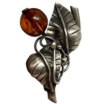 Antique Sterling Silver Amber Brooch  - $85.00