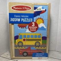Classic Vehicles Melissa &amp; Doug Jigsaw Puzzles 3 Wooden 12 Piece Puzzles In Case - £15.78 GBP