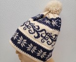 Vintage 100% Wool Winter Knit Beanie Hat Pom Pom White Blue Made In USA - £13.94 GBP