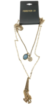 Forever 21 Antique Gold Necklace W Blue Pendant &amp; Filigree Fringe Pendant New - £7.55 GBP