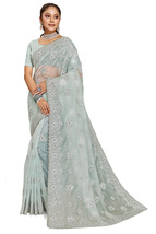 Designer Sea Green Glitter Coding Embroidery Work Sari Organza Party Wear Saree - £84.15 GBP