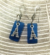 Sea Beach Blue Glass Dangle Earrings Eiffel Tower Surgical Steel Ear Wire   - £18.43 GBP