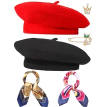 6 Pieces Wool Beret Hat Solid Color French Beanie Hat With Silky Scarf Brooch (B - £25.29 GBP