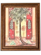 Vintage Tropical Print Painting Wall Home Decor Island Palm Trees Burgundy Door - $261.75