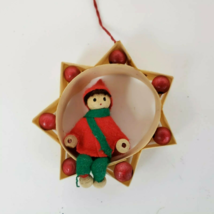 Vintage Pixie Elf Sitting on Star Wooden Felt 2.5&quot; Christmas Ornament - £11.18 GBP