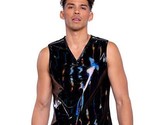 Iridescent Print Vinyl Tank Top Zipper Shoulders V Neck Black Multicolor... - $44.09