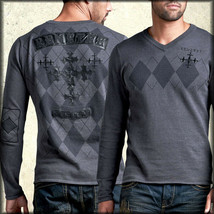 Remetee Ghillie Argyle Leather Cross Mens Long Sleeve VNeck Sweater Grey 2XL NEW - £64.72 GBP