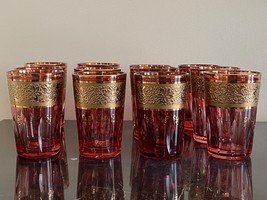 Vintage Moser Self 12 Ruby Red Crystal Cut Tumblers with Heavy Gold Deco... - £348.74 GBP